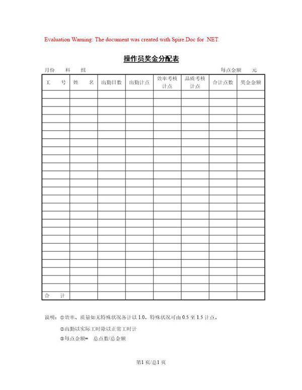 操作员奖金分配表