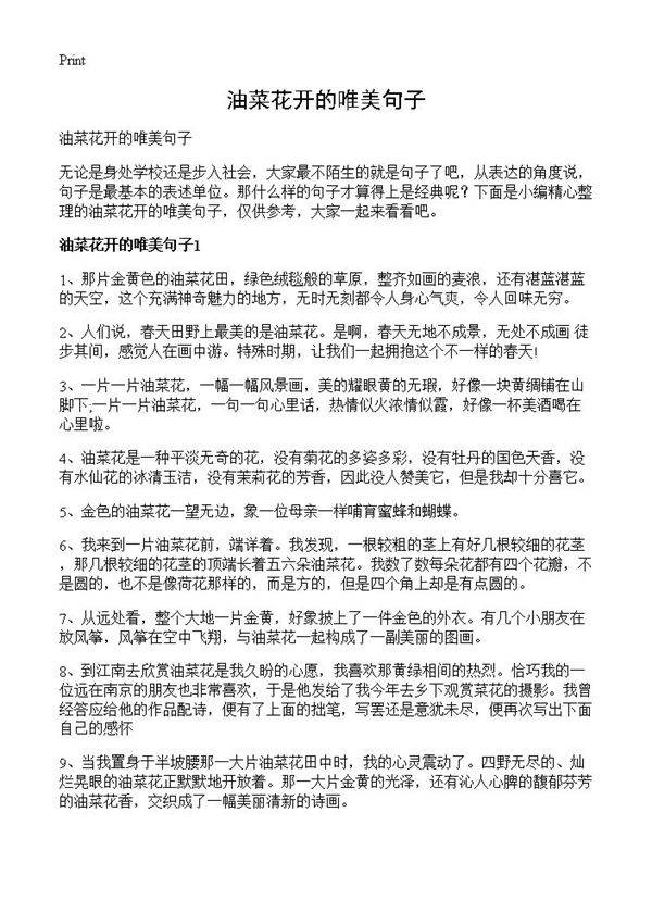 油菜花开的唯美句子