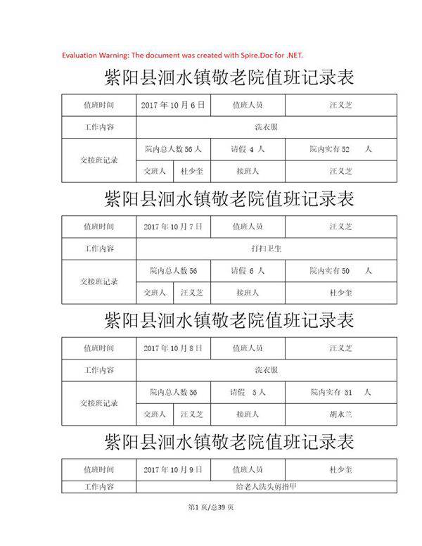 紫阳县洄水镇敬老院值班记录表
