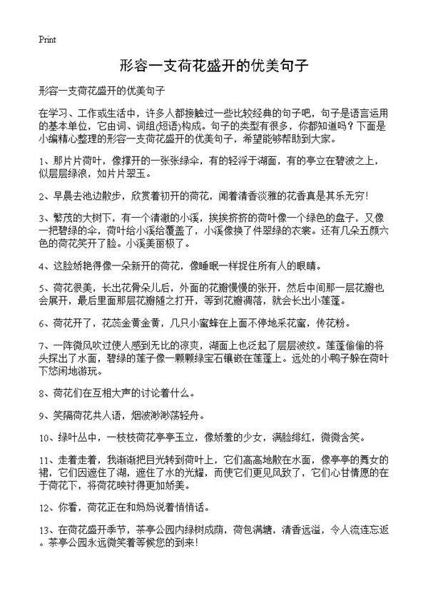 形容一支荷花盛开的优美句子