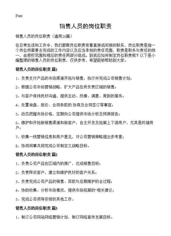 销售人员的岗位职责20篇