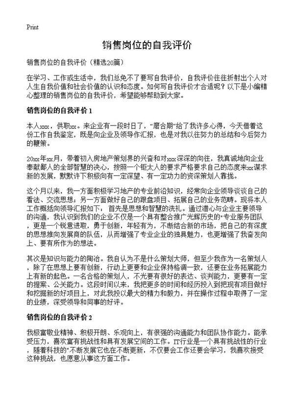 销售岗位的自我评价20篇