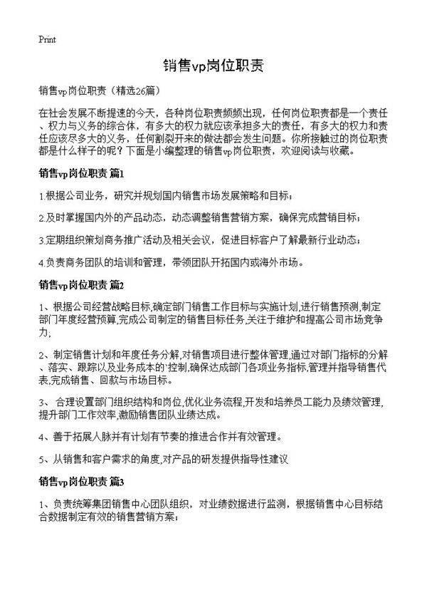 销售vp岗位职责26篇