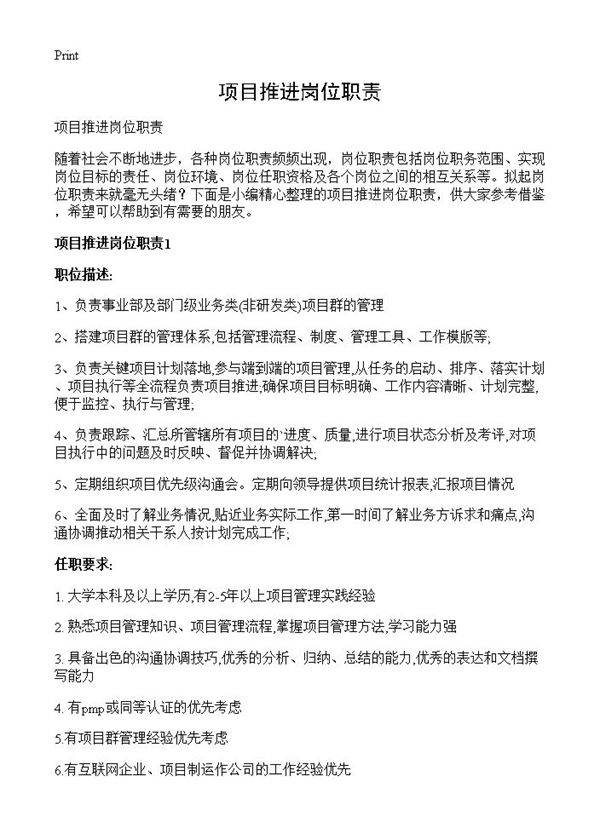 项目推进岗位职责