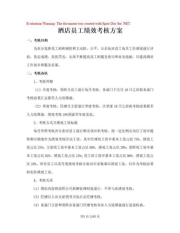 酒店员工绩效考核方案