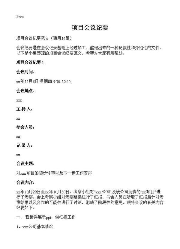 项目会议纪要14篇