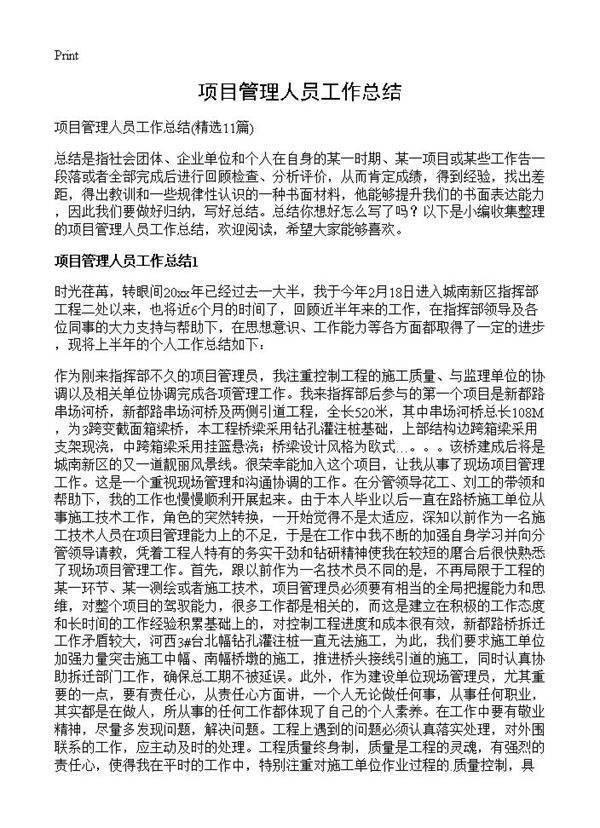 项目管理人员工作总结11篇