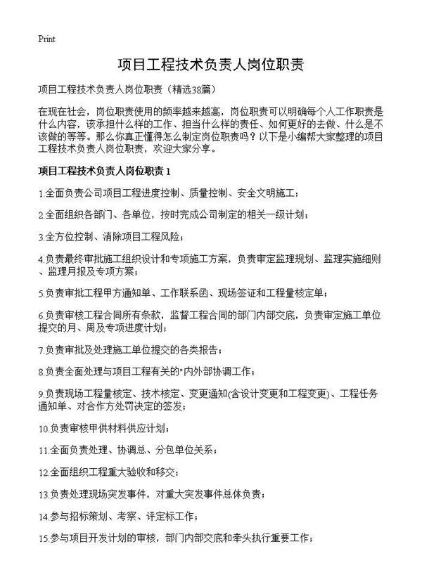 项目工程技术负责人岗位职责38篇