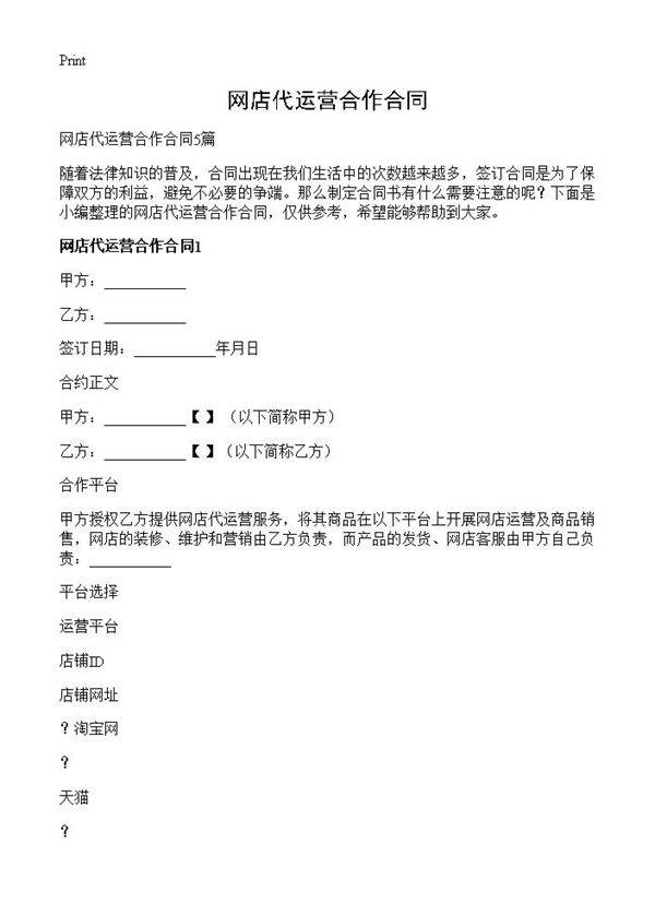 网店代运营合作合同