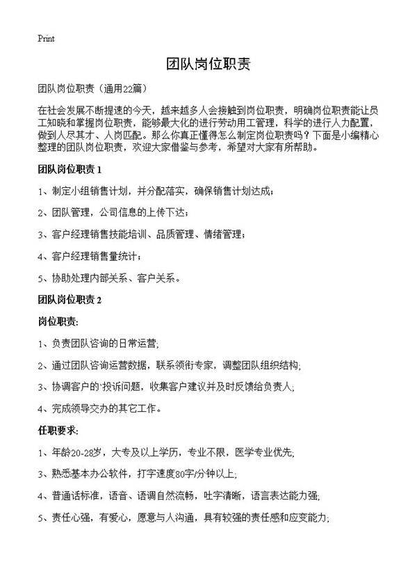 团队岗位职责22篇