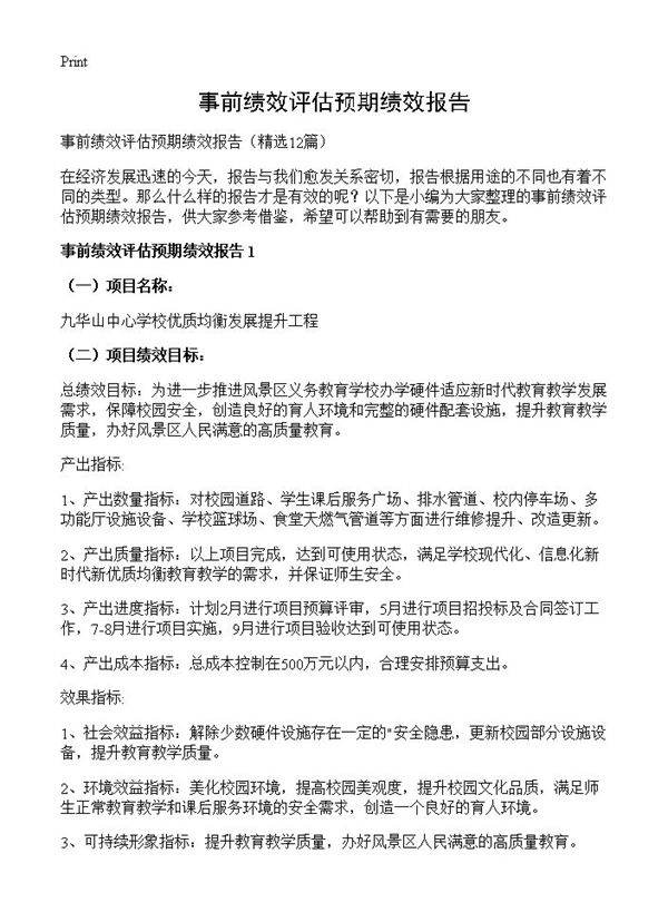 事前绩效评估预期绩效报告12篇