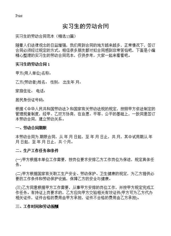 实习生的劳动合同13篇
