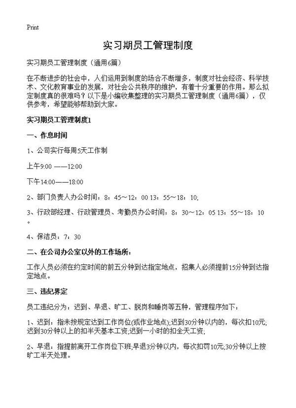 实习期员工管理制度6篇