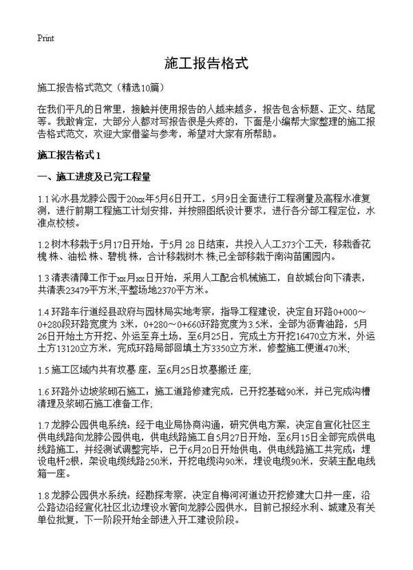 施工报告格式10篇