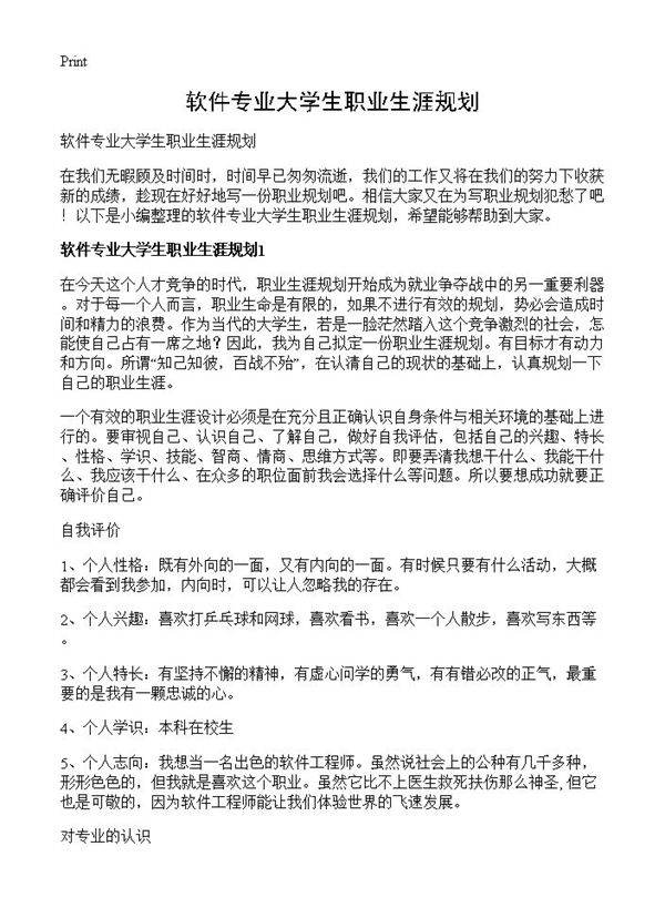 软件专业大学生职业生涯规划