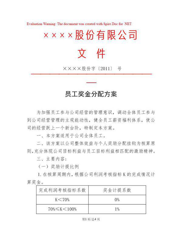 企业奖金分配制度