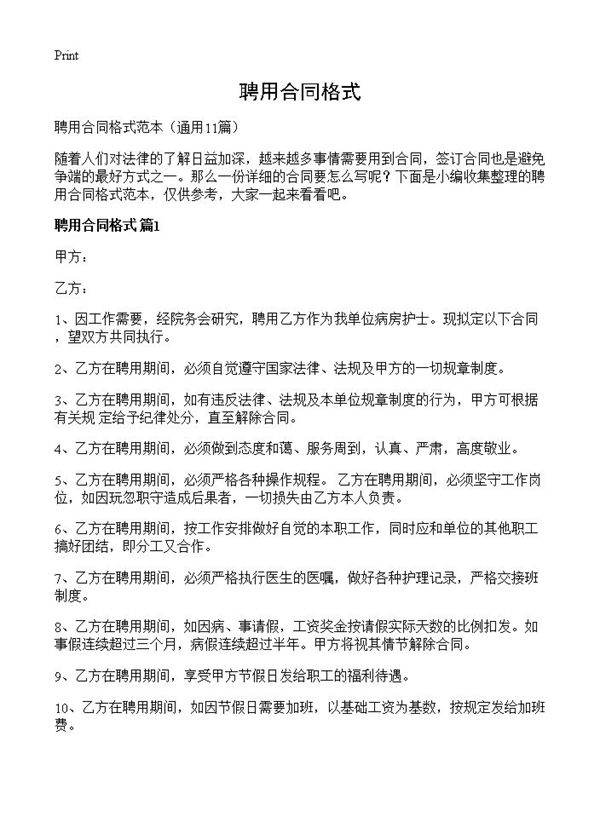 聘用合同格式11篇