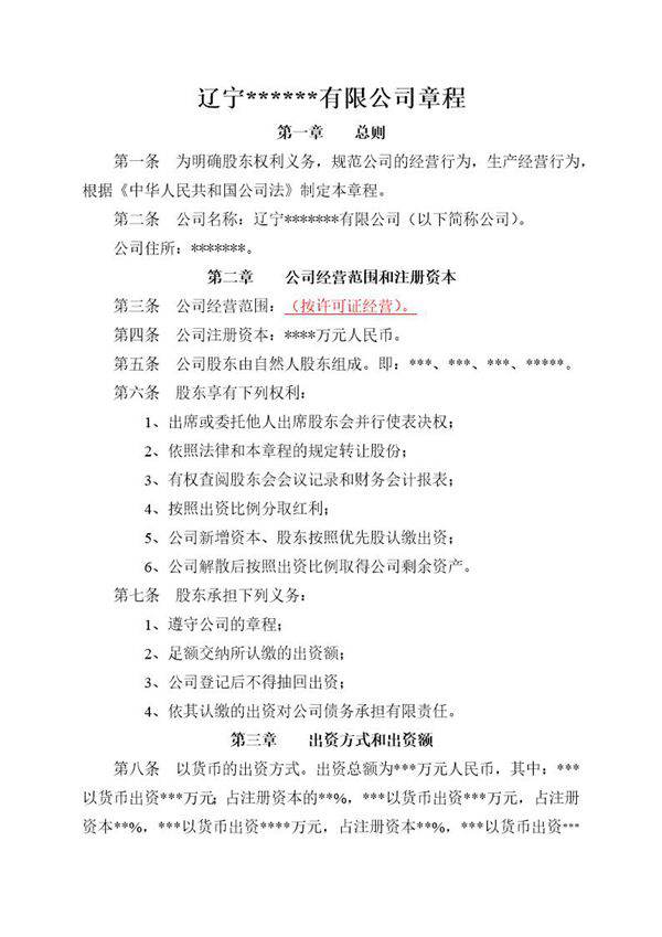 辽宁某某有限公司章程