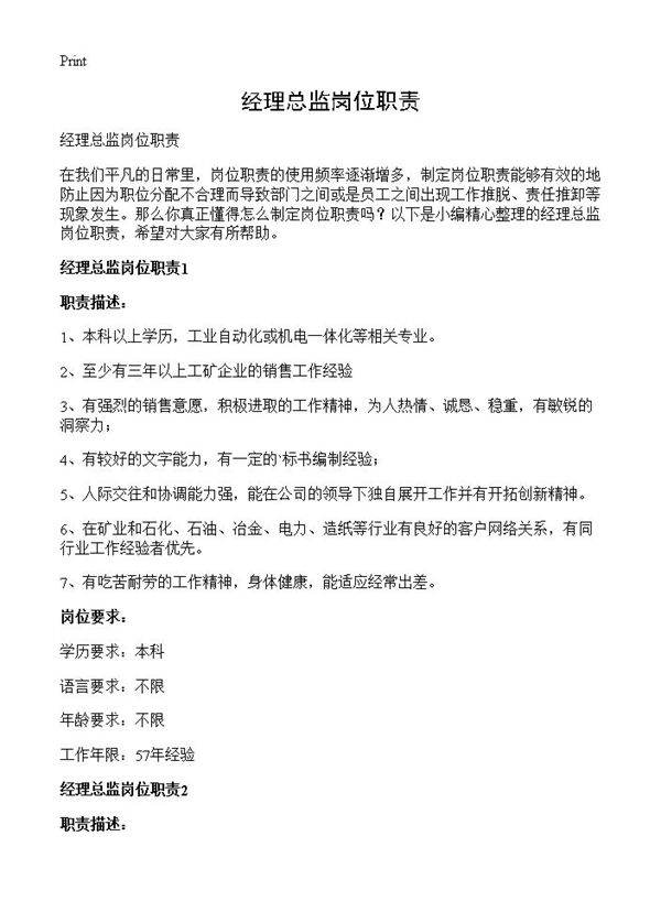 经理总监岗位职责