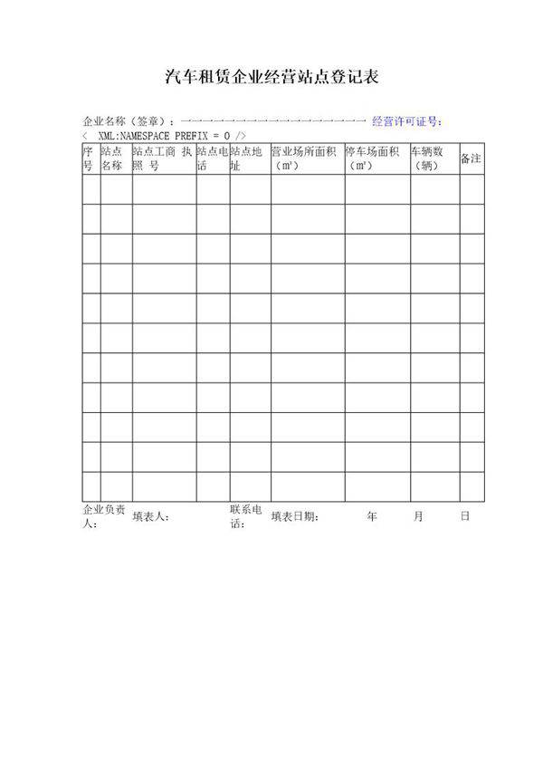 汽车租赁企业经营站点登记表