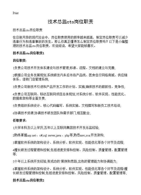 技术总监cto岗位职责