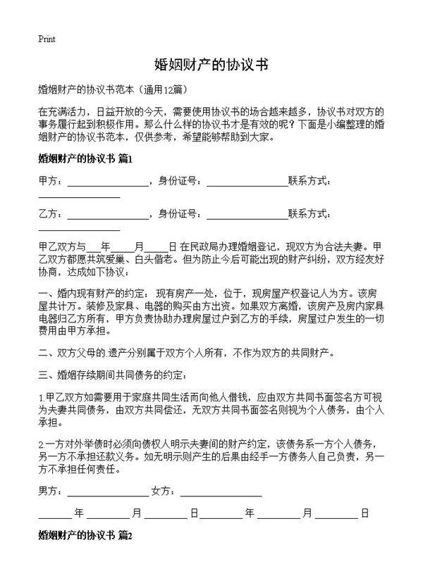 婚姻财产的协议书12篇