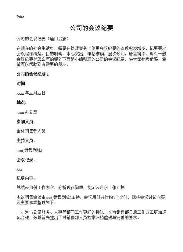 公司的会议纪要22篇