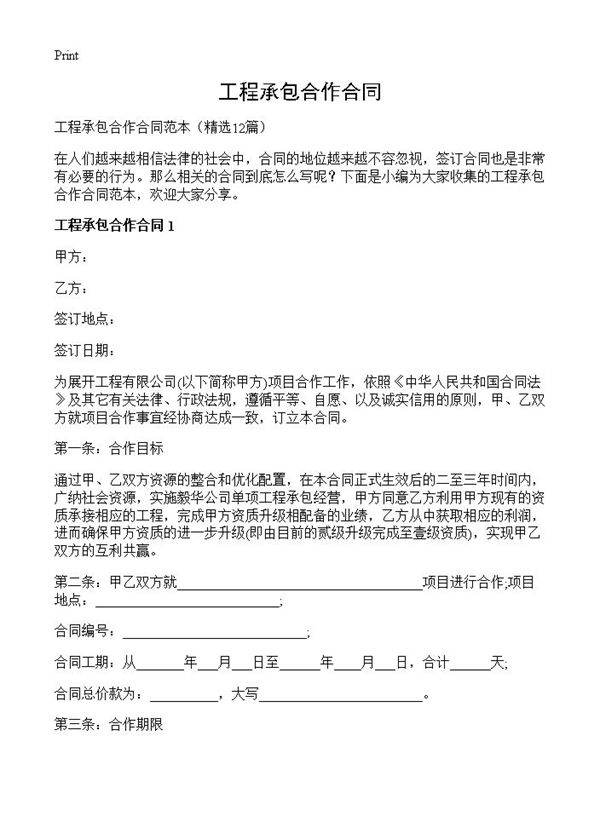 工程承包合作合同12篇