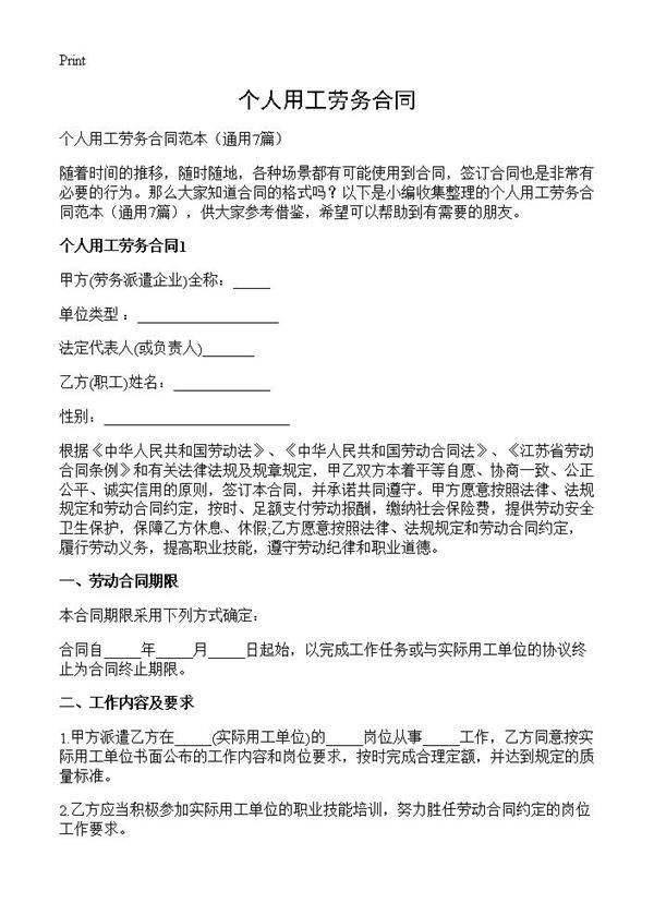 个人用工劳务合同7篇