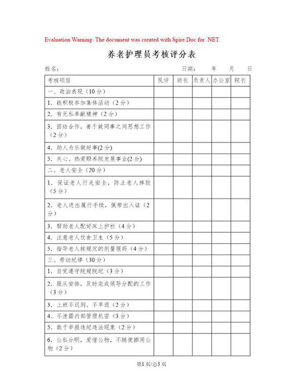 养老护理员考核评分表