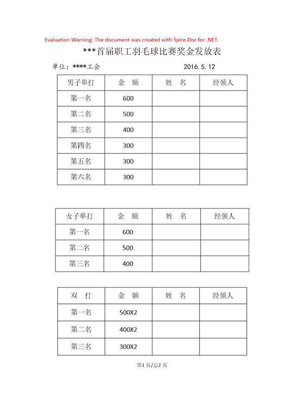 首届职工羽毛球比赛奖金发放表