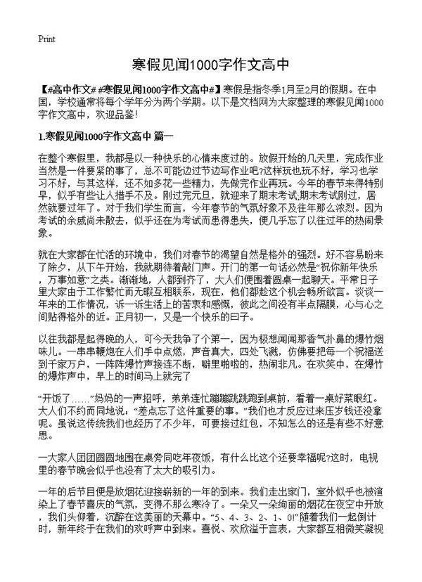 寒假见闻1000字作文高中