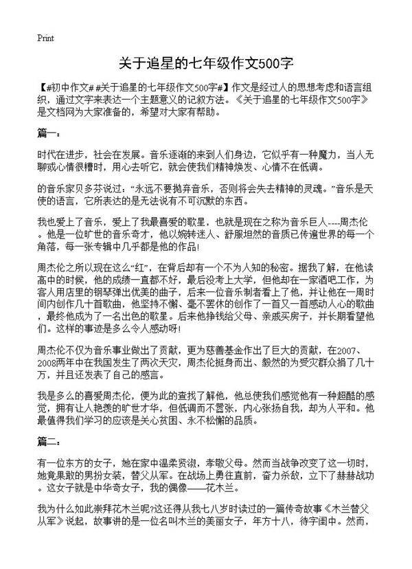 关于追星的七年级作文500字