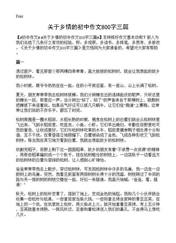 关于乡情的初中作文800字三篇