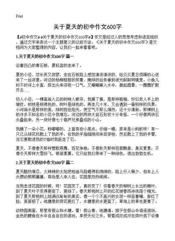 关于夏天的初中作文600字