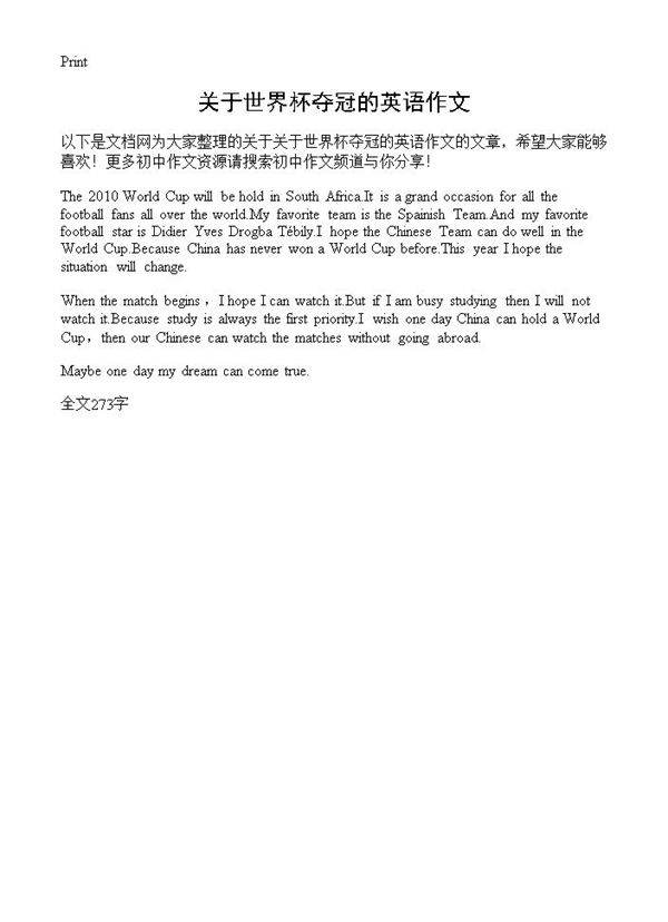 关于世界杯夺冠的英语作文