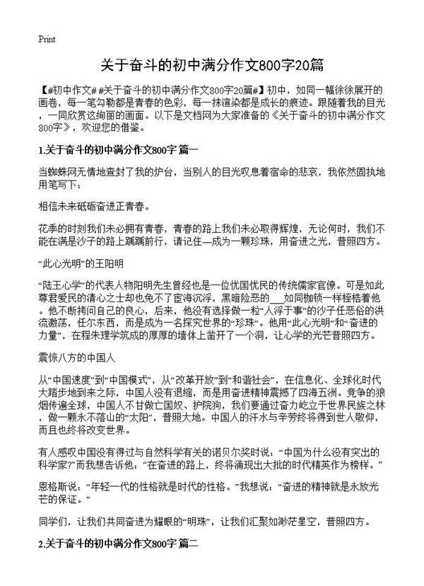 关于奋斗的初中满分作文800字20篇