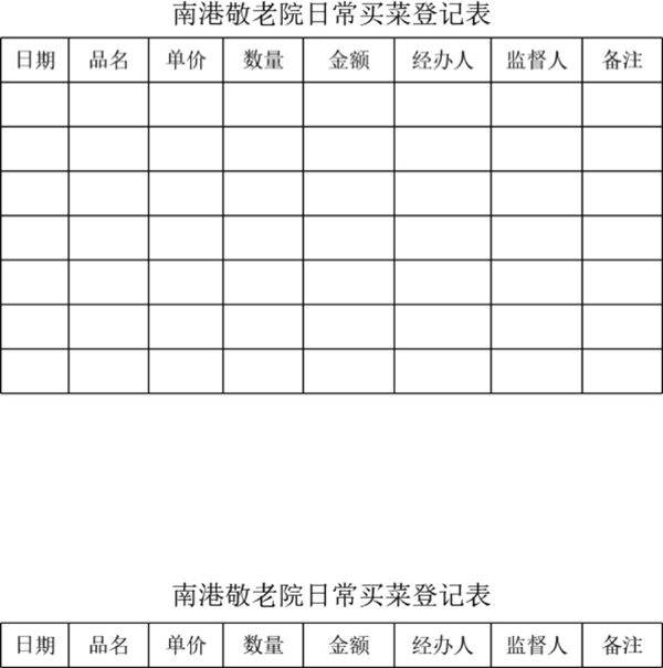 敬老院买菜登记表