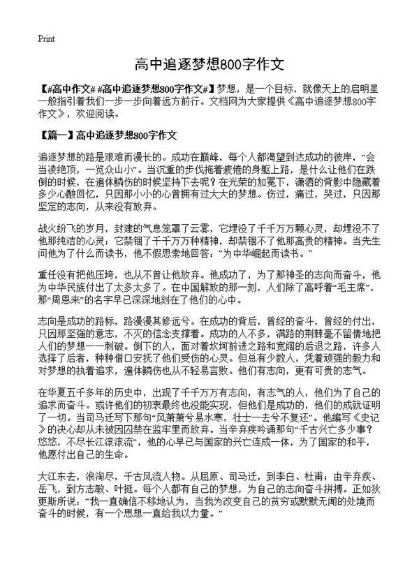 高中追逐梦想800字作文