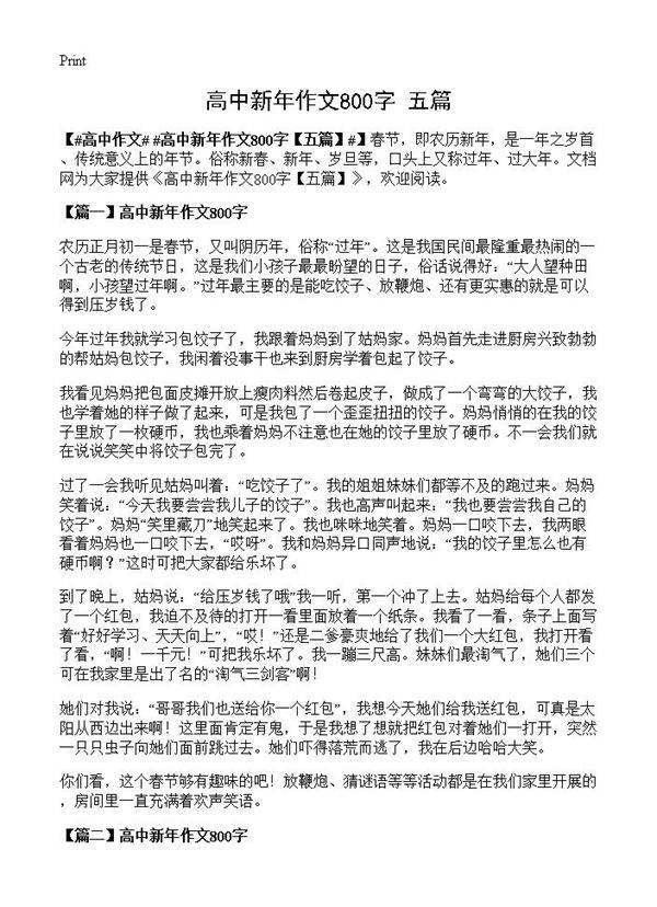 高中新年作文800字