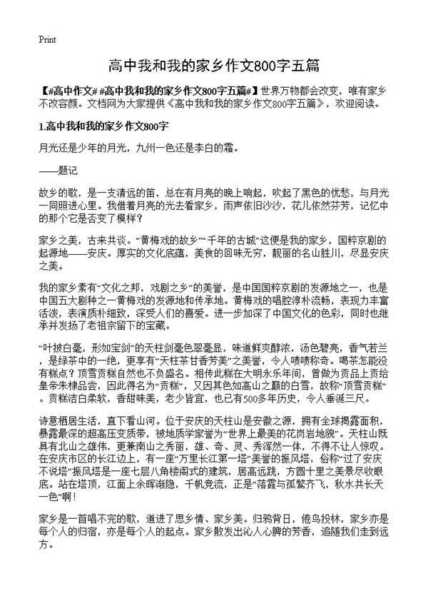 高中我和我的家乡作文800字五篇