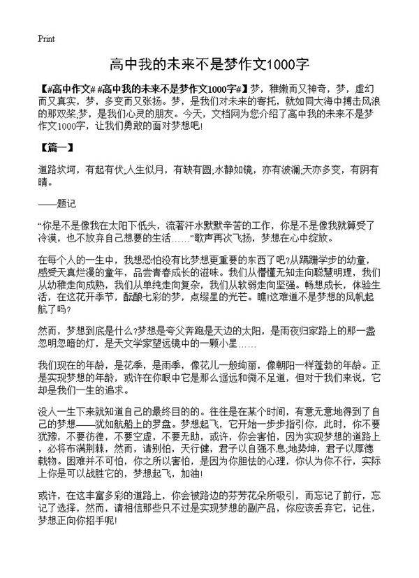 高中我的未来不是梦作文1000字