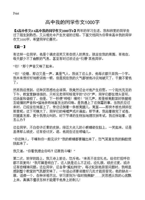 高中我的同学作文1000字