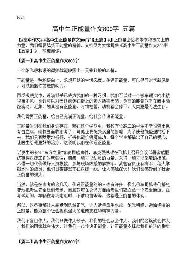高中生正能量作文800字