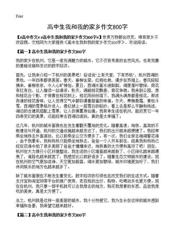高中生我和我的家乡作文800字