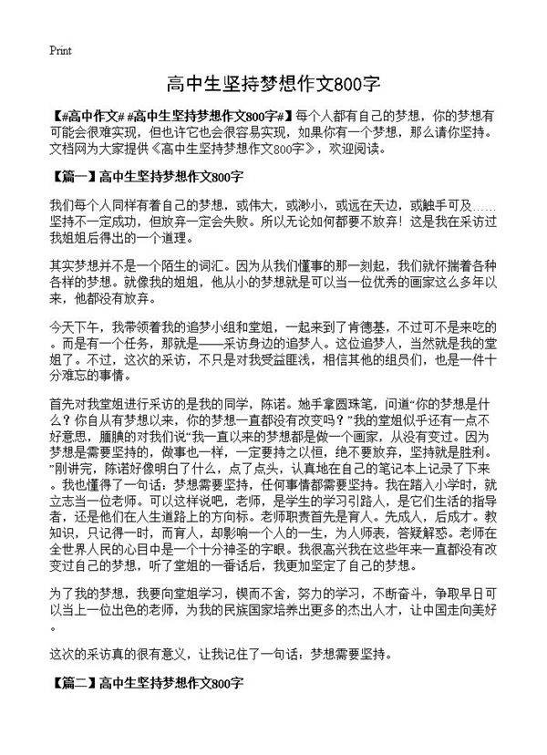 高中生坚持梦想作文800字
