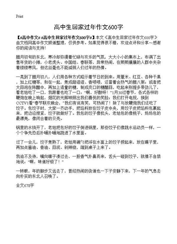 高中生回家过年作文600字