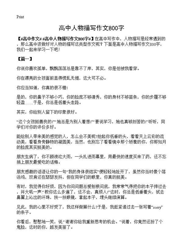 高中人物描写作文800字