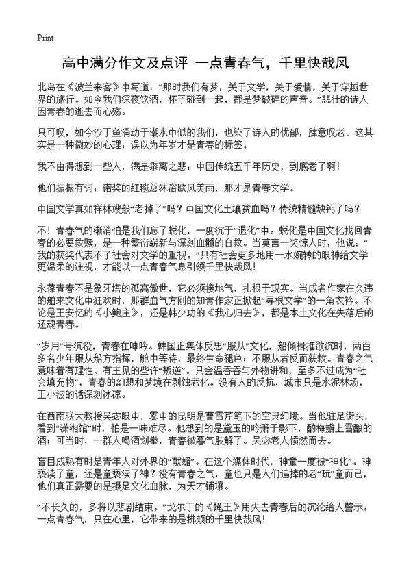 高中满分作文及点评 一点青春气，千里快哉风
