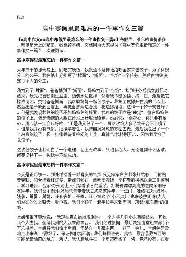 高中寒假里最难忘的一件事作文三篇